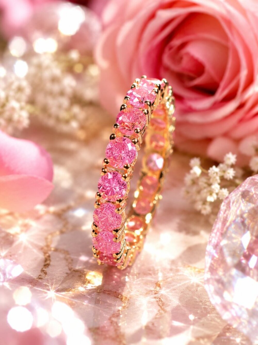 Beautiful  Minimalist  Lab Created Pink Opalite Eternity Ring Band